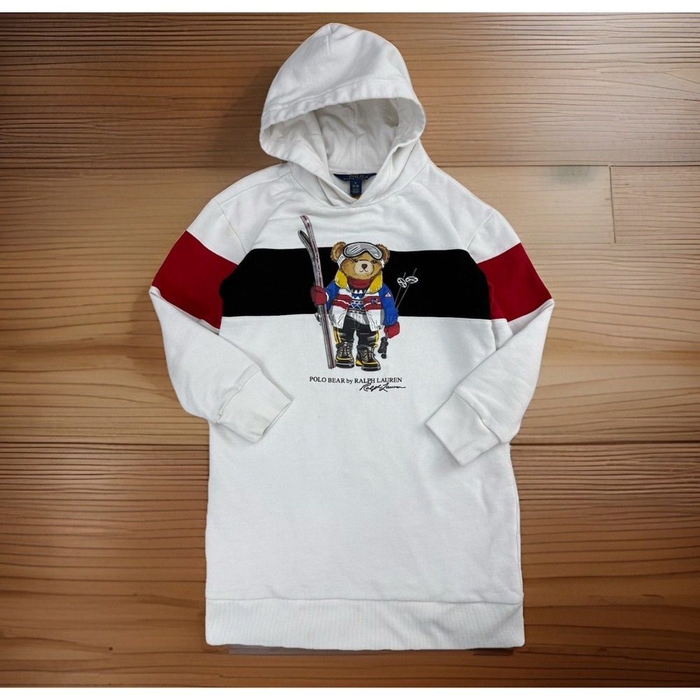 Polo‎ Ralph Lauren Bear Hoodie Dress Kids M 8/10 White Ski Bear Graphic $95